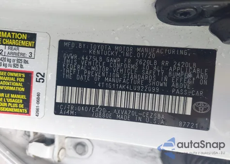 2020 Toyota Camry Se from USA, damaged, VIN 4T1G11AK4LU922099